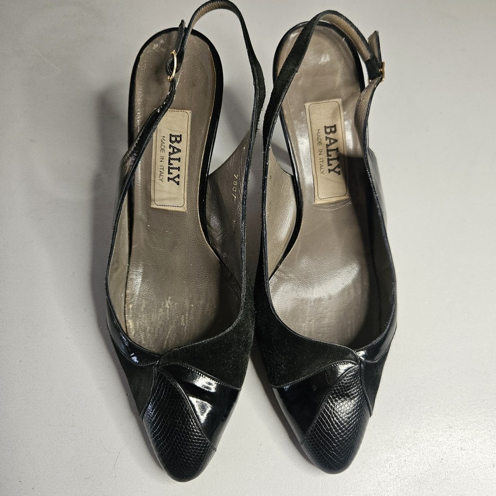 Vintage Bally Womens Heels 8.5M Black Leather Italy Pointed Toe Slingback